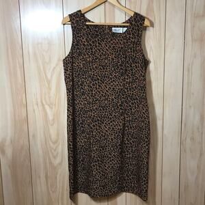 Kathie Lee Vintage Brown Leopard Scoop Neck Sleeveless Midi Sheath Dress 12